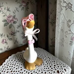 Vintage Goose Figurine Pink Hat Bow Small Plastic Shelf Decor Cottagecore